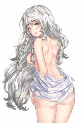 Rule 34 | 1girl, arknights, ass, blush, braid, breasts, commentary, cowboy shot, from behind, grey eyes, hair between eyes, highres, humiaojun, large breasts, long hair, looking at viewer, looking back, no animal ears, open mouth, panties, pramanix (arknights), shirt, silver hair, simple background, solo, standing, thighs, topless, twin braids, underwear, very long hair, white background, white panties, white shirt