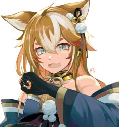 Rule 34 | 1girl, absurdres, animal ears, aqua eyes, bare shoulders, black gloves, brown hair, commentary request, detached sleeves, dog ears, dog girl, embarrassed, fang, genshin impact, gloves, green eyes, hand up, highres, hina (genshin impact), long hair, long sleeves, multicolored hair, open mouth, signature, simple background, solo, streaked hair, sweatdrop, tetuhebi, thick eyebrows, upper body, white background, wide sleeves
