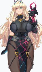 Rule 34 | 1girl, black dress, blonde hair, breasts, chain, covered navel, dress, barghest (fate), barghest (second ascension) (fate), fate/grand order, fate (series), gauntlets, gloves, hand on own chest, heterochromia, highres, huge breasts, jewelry, long hair, mitsuria (kanesho1102), pantyhose, pelvic curtain, pendant, single gauntlet