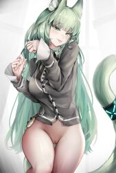 Rule 34 | 1girl, :p, absurdres, animal ear fluff, animal ears, arknights, bottomless, breasts, breasts out, cardigan, cat ears, cat tail, commentary request, cowboy shot, green eyes, green hair, grey cardigan, harmonie (arknights), highres, infection monitor (arknights), large breasts, long hair, long sleeves, looking at viewer, nopetroto, pussy, pussy juice, pussy juice drip, solo, tail, thighs, tongue, tongue out, uncensored, very long hair