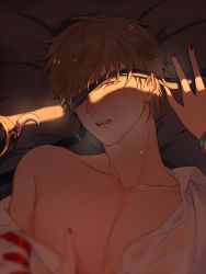 Rule 34 | 1boy, 1girl, bare shoulders, bed sheet, blindfold, blindfold lift, blonde hair, blurry, collared shirt, depth of field, from above, gintama, hair ornament, head tilt, hetero, kagura (gintama), looking at viewer, lying, maosen, nail polish, off shoulder, okita sougo, on back, on bed, one eye covered, out of frame, parted lips, portrait, pov, pov hands, red eyes, red nails, red ribbon, restrained, ribbon, shirt, short hair, solo focus, sweat, tassel, unworn hair ornament, white shirt