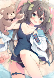 Rule 34 | 1girl, :d, ahoge, beach, bear hair ornament, black hair, blue sailor collar, blush, bow, breasts, collarbone, commentary request, fang, feet out of frame, frilled pillow, frills, green bow, green eyes, hair between eyes, hair bow, hair ornament, hairclip, izumiyuhina, knee up, long hair, long sleeves, looking at viewer, lying, medium breasts, off shoulder, old school swimsuit, on back, open clothes, open mouth, open shirt, original, pillow, puffy long sleeves, puffy sleeves, sailor collar, sand, school swimsuit, school uniform, serafuku, shirt, skindentation, sleeves past wrists, smile, solo, swimsuit, swimsuit under clothes, teeth, two side up, very long hair, white shirt
