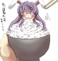 Rule 34 | 1girl, animal ears, bad food, blush, bowl, chopsticks, flying sweatdrops, food, food focus, gaoo (frpjx283), highres, in food, light purple hair, long hair, looking at viewer, mini person, minigirl, o o, open mouth, rabbit ears, reisen udongein inaba, rice, rice bowl, solo focus, tears, touhou, translation request