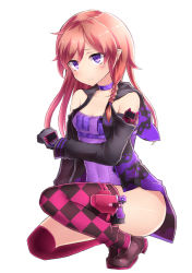 Rule 34 | 1girl, asymmetrical legwear, boots, braid, checkered clothes, checkered legwear, choker, commentary request, detached sleeves, gloves, gun, handgun, highres, holster, jacket, long hair, looking at viewer, neit ni sei, original, pistol, pointy ears, purple eyes, red hair, red thighhighs, slit pupils, smile, solo, squatting, tank top, thigh holster, thighhighs, uneven legwear, weapon, white background