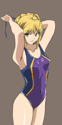 Rule 34 | 1girl, adapted costume, adjusting hair, ahoge, arms up, artoria pendragon (all), artoria pendragon (fate), bad id, bad pixiv id, blonde hair, blue ribbon, braid, competition swimsuit, den (kur0 yuki), fate/stay night, fate (series), french braid, green eyes, hair ribbon, looking at viewer, official alternate costume, one-piece swimsuit, open mouth, ribbon, saber (fate), saber (summer battle clothes) (fate), solo, swimsuit, thighs, tying hair