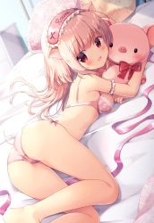 Rule 34 | 1girl, :d, animal ears, ass, bed, blush, bow, bow panties, bra, breasts, cameltoe, commentary request, frilled pillow, frills, from behind, highres, indoors, long hair, looking at viewer, looking back, medium breasts, miyasaka naco, hugging object, on bed, open mouth, original, panties, pig ears, pig girl, pig tail, pillow, pink bra, pink hair, pink panties, red bow, red eyes, smile, solo, striped, striped bow, stuffed animal, stuffed pig, stuffed toy, tail, underwear, underwear only