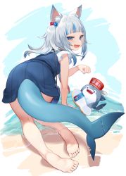 Rule 34 | 1girl, animal ears, ass, beach, bloop (gawr gura), blue eyes, blue hair, blunt bangs, blush, cat ears, fins, fish tail, food, gawr gura, gawr gura (casual), hair ornament, hololive, hololive english, izumi sai, kneepits, looking at viewer, looking back, multicolored hair, nail polish, official alternate costume, open mouth, paw pose, sandals, unworn sandals, shark tail, silver hair, smile, solo, streaked hair, tail, virtual youtuber