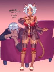 Rule 34 | 1boy, 1girl, 2020, ahoge, animal ear fluff, animal ears, artist name, babydoll, blue eyes, breasts, cat ears, cat girl, cat tail, cleavage, closed mouth, couch, dark-skinned female, dark-skinned male, dark skin, dated, detached sleeves, elf, elvaan, facial mark, final fantasy, final fantasy xi, fingernails, full body, garter straps, gradient background, halterneck, highres, large breasts, long sleeves, looking at another, mithra (ff11), navel, panties, pointy ears, red panties, ribbon, sandals, see-through, see-through sleeves, short hair, standing, tail, translation request, underwear, white eyes, white hair, white ribbon, yuccoshi