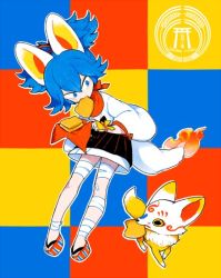 Rule 34 | 10s, 1boy, aburaage, animal ears, bandages, bandana, blue eyes, blue hair, checkered background, food, food in mouth, fox, fox ears, fox tail, japanese clothes, konnosuke, l hakase, looking at another, looking down, male focus, multicolored background, ponytail, sayo samonji, tail, touken ranbu
