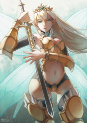 Rule 34 | 1girl, armor, bad id, bad pixiv id, bikini armor, blonde hair, blue eyes, boots, choker, elbow gloves, fairy, fur, gloves, gradient background, hengct, long hair, navel, pale skin, pointy ears, simple background, solo, sword, thigh boots, thighhighs, weapon, wings