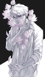 Rule 34 | 1boy, barbata, black background, collared shirt, commentary, dress shirt, english commentary, flower, hair over eyes, hand on own neck, highres, holding, holding petal, houseki no kuni, long sleeves, looking away, lotus, male focus, navel, overgrown, parted lips, petals, pink flower, shirt, sideburns, sleeves rolled up, solo, two-tone background, upper body, white background, white hair, white shirt, zakirsiz