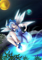 Rule 34 | 1girl, :d, blue dress, blue hair, cirno, crystal, dress, female focus, flying, ice, ice wings, looking at viewer, open mouth, pond, puffy short sleeves, puffy sleeves, short sleeves, silver hair, smile, solo, surreal, embodiment of scarlet devil, touhou, water, wings