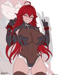 Rule 34 | 1girl, absurdres, ahoge, arm armor, armor, armored leotard, artist name, blush, bodystocking, boobplate, breastplate, breasts, cleavage, covered navel, double v, gluteal fold, goddess of victory: nikke, grin, hair between eyes, hair intakes, highres, large breasts, long hair, nihilister (nikke), red hair, see-through, see-through cleavage, sidelocks, sivarkart, smile, solo, torn bodystocking, torn clothes, v, zoom layer