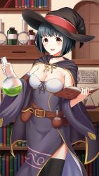 Rule 34 | 1girl, :d, belt, belt buckle, black cape, black choker, black hair, black hat, black thighhighs, blush, bookshelf, breasts, brown belt, brown eyes, buckle, cape, choker, cleavage, collarbone, cowboy shot, detached sleeves, doukyuusei another world, dress, erlenmeyer flask, flask, game cg, hat, holding, indoors, large breasts, long sleeves, official art, open mouth, ribbon, round-bottom flask, short hair, side slit, sleeveless, sleeveless dress, smile, solo, standing, strapless, strapless dress, thighhighs, wide sleeves, witch, witch hat, yellow ribbon
