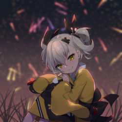 Rule 34 | 1girl, asymmetrical bangs, black bow, black kimono, blush, bottle, bow, collarbone, dark-skinned female, dark skin, fang, fang out, floating hair, girls&#039; frontline, grass, grey hair, hair between eyes, hair bow, half-closed eyes, hand fan, hands on own knees, head tilt, highres, japanese clothes, kimono, klin (girls&#039; frontline), klin (the three crows) (girls&#039; frontline), looking at viewer, miebao, night, night sky, obi, official alternate costume, open mouth, outdoors, own hands together, paper fan, pouch, sandals, sash, short twintails, sitting, sky, smile, socks, solo, thick eyebrows, tsurime, twintails, wind, yellow eyes, yellow kimono
