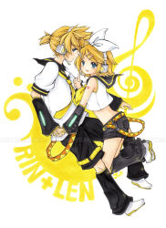 Rule 34 | 1boy, 1girl, blonde hair, blue eyes, brother and sister, detached sleeves, hair ornament, hair ribbon, hairclip, headphones, hetero, holding hands, joanna (mojo!), kagamine len, kagamine rin, midriff, necktie, open mouth, ribbon, short hair, shorts, siblings, smile, traditional media, twins, vocaloid, watermark, yellow necktie