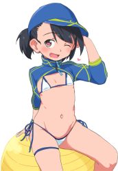 Rule 34 | 1girl, ;d, arm up, artoria pendragon (fate), ball, baseball cap, bikini, black hair, blue hat, blush, brown eyes, bubukka, cosplay, exercise ball, fate/grand order, fate (series), flat chest, hat, head tilt, heart, heart-shaped pupils, long sleeves, looking at viewer, mysterious heroine xx (fate), mysterious heroine xx (fate) (cosplay), navel, one eye closed, open mouth, original, short hair, shrug (clothing), side-tie bikini bottom, side ponytail, simple background, sitting, smile, solo, sweatband, swimsuit, symbol-shaped pupils, tachibana momoka (bubukka), white background, white bikini, wristband