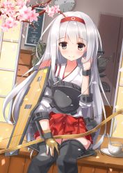 Rule 34 | 10s, 1girl, boots, bow (weapon), cherry blossoms, hairband, japanese clothes, kantai collection, long hair, muneate, revision, shoukaku (kancolle), silver hair, smile, solo, suzuame yatsumi, thigh boots, thighhighs, weapon