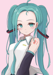 Rule 34 | 1girl, ahoge, alternate hairstyle, aqua eyes, aqua hair, aqua necktie, bare shoulders, black sleeves, commentary, detached sleeves, forehead, hair ornament, hatsune miku, highres, long hair, looking at viewer, maud0239, necktie, pink background, shirt, shoulder tattoo, sleeveless, sleeveless shirt, smile, solo, tattoo, twintails, upper body, very long hair, vocaloid, white shirt