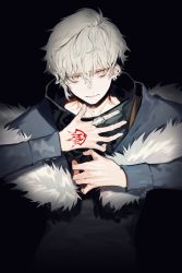 Rule 34 | 1boy, black background, command spell, ear piercing, fate/grand order, fate (series), fur trim, high collar, highres, jacket, jewelry, kadoc zemlupus, male focus, neck piercing, nozaki tsubata, pale skin, parted lips, piercing, ring, simple background, solo, upper body, white hair