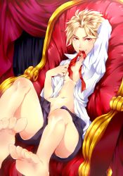 Rule 34 | 1boy, bad id, bad pixiv id, barefoot, blonde hair, chair, dio brando, feet, foot focus, jojo no kimyou na bouken, male focus, mouth hold, open clothes, open shirt, red eyes, ribbon, sanadanobusige, shirt, shorts, solo, aged down