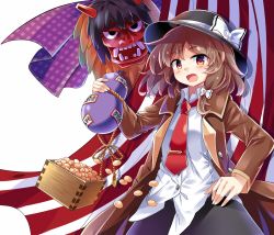 Rule 34 | 1girl, :d, beans, black hat, black skirt, blush, bow, brown eyes, brown hair, brown jacket, cowboy shot, dress shirt, e.o., fedora, gourd, hair bow, hand on own hip, hat, hat bow, highres, jacket, long sleeves, looking at viewer, mask, necktie, oni mask, open clothes, open jacket, open mouth, red necktie, setsubun, shirt, short hair, skirt, smile, solo, suit jacket, touhou, usami renko, white bow, white shirt