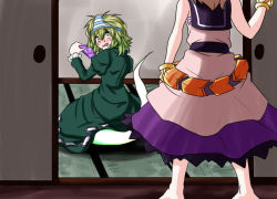 Rule 34 | 2girls, :d, benizuwai, blush, bracelet, dress, drooling, female pervert, ghost tail, green eyes, green hair, japanese clothes, jewelry, multiple girls, nose blush, object on head, open mouth, panties, panties on head, pervert, purple panties, sliding doors, smile, soga no tojiko, striped clothes, striped panties, sweat, touhou, toyosatomimi no miko, underwear, walk-in