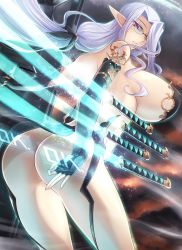 Rule 34 | 1girl, ass, ass cutout, breasts, clothing cutout, elbow gloves, elf, energy, energy sword, energy weapon, glasses, gloves, glowing, glowing sword, glowing weapon, haganef, huge breasts, long hair, magic, pointy ears, purple eyes, purple hair, revealing clothes, sideboob, smile, sword, weapon
