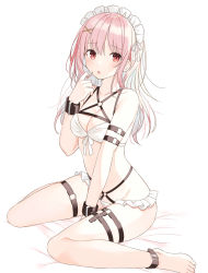 Rule 34 | 1girl, bare shoulders, barefoot, belt, between legs, bikini, breasts, cleavage, front-tie bikini top, front-tie top, groin, hair ornament, hand up, headdress, leg belt, long hair, looking at viewer, medium breasts, multiple straps, original, parted lips, pink hair, red eyes, simple background, sitting, solo, strap, swimsuit, thighs, wariza, white background, white bikini, x hair ornament, yon (letter)
