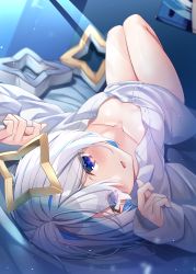 Rule 34 | 1girl, absurdres, amane kanata, blue eyes, blue hair, blush, breasts, eyes visible through hair, halo, highres, hololive, indoors, knees up, long sleeves, looking at viewer, lying, medium breasts, multicolored hair, no bra, on back, on bed, parted lips, partially unbuttoned, shimo (shimo332215), shirt, short hair, smile, solo, star halo, streaked hair, virtual youtuber, white hair, white shirt