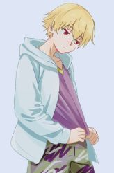 Rule 34 | 1boy, blonde hair, camouflage, camouflage pants, child gilgamesh (fate), clothes pull, commentary request, cowboy shot, fate/stay night, fate (series), gilgamesh (fate), grey background, grey jacket, highres, hood, hooded jacket, jacket, looking down, male focus, mi (pic52pic), pants, pulled by self, purple shirt, red eyes, shirt, shirt pull, solo, standing