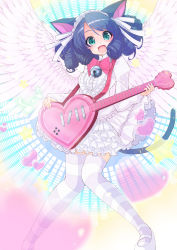 Rule 34 | 10s, 1girl, angel wings, animal ears, bell, bonnet, bow, cat ears, cat tail, cyan (show by rock!!), dress, drill hair, electric guitar, fang, gradient background, green eyes, guitar, heart, highres, instrument, lolita fashion, long sleeves, maru-pen, open mouth, purple hair, show by rock!!, smile, solo, star (symbol), striped clothes, striped thighhighs, tail, thighhighs, ultimate cyan, white dress, wings, zettai ryouiki