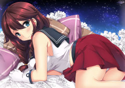 Rule 34 | 10s, 1girl, ass, blue eyes, blush, braid, breasts, brown hair, commentary, gloves, hair between eyes, kantai collection, large breasts, long hair, looking at viewer, looking back, lying, midriff, noshiro (kancolle), on bed, panties, pantyshot, pleated skirt, red skirt, sailor collar, sheita, skirt, smile, solo, tank top, twin braids, underwear, white gloves, white panties