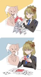 Rule 34 | 1boy, 1girl, ace (playing card), ace of diamonds, alternate universe, black jacket, blonde hair, blue necktie, blush, bow, braid, card, closed mouth, crown braid, diamond (shape), four of hearts, frown, green eyes, hair bow, hairband, hat, highres, house of cards, jacket, jester cap, library of ruina, long sleeves, mask, medium hair, mu46016419, necktie, orange bow, orange hairband, oswald (project moon), playing card, project moon, six of clubs, smile, sweat, ten of hearts, tiphereth a (project moon), wing collar