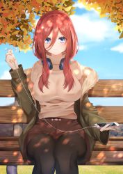 Rule 34 | 1girl, absurdres, alternate costume, autumn, black pantyhose, blue eyes, blue sky, blush, breasts, brown shorts, brown sweater, casual, cellphone, closed mouth, commentary request, dappled sunlight, day, earphones, feet out of frame, fur-trimmed jacket, fur trim, go-toubun no hanayome, green jacket, hair between eyes, headphones, headphones around neck, highres, holding, holding earphones, holding phone, jacket, large breasts, pantyhose under shorts, long hair, long sleeves, nagi aoi, nakano miku, open clothes, open jacket, outdoors, pantyhose, phone, red hair, shorts, sitting, sky, smartphone, smile, solo, sunlight, sweater, tree, turtleneck, turtleneck sweater