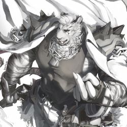 Rule 34 | 1boy, animal ears, arknights, armor, bara, black tank top, bounsies, bulge, chain necklace, chest hair, covered abs, from above, furry, furry male, highres, jacket, large pectorals, male focus, middle finger, mountain (arknights), muscular, necklace, open clothes, open jacket, pants, pauldrons, pectorals, scar, scar across eye, scar on face, short hair, shoulder armor, shoulder spikes, solo, spikes, tank top, tiger boy, tiger ears, tiger stripes, white fur, white hair, white jacket, white pants