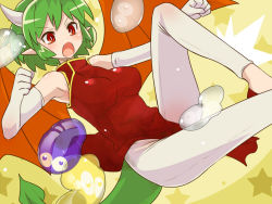 Rule 34 | 1girl, armpits, bare shoulders, bat wings, breasts, chinese clothes, draco centauros, dragon girl, dragon tail, elbow gloves, fang, female focus, gloves, green hair, horns, kamaboko red, madou monogatari, monster girl, open mouth, pointy ears, puyo (puyopuyo), puyopuyo, red eyes, short hair, slit pupils, solo, star (symbol), tail, thighs, white gloves, white legwear, wings