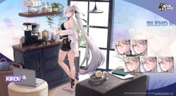 1girl, azur lane, bangs, basket, black shorts, book, breasts, cabinet, character name, coffee maker (object), coffee pot, commentary, computer, copyright name, cup, earphones, english commentary, headphones, highres, holding, holding cup, indoors, kirov (azur lane), kirov (blend r) (azur lane), laptop, large breasts, long hair, long sleeves, looking at viewer, manjuu (azur lane), mug, off shoulder, official alternate costume, official art, parted lips, ponytail, shirt, short shorts, shorts, sideboob, smile, solo, standing, swept bangs, very long hair, white hair, white shirt, yellow eyes