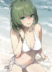 Rule 34 | 1girl, 92m, bangle, bare shoulders, beach, bikini, blurry, blurry background, blush, bracelet, breasts, cleavage, commentary, depth of field, frilled bikini, frills, green hair, hand on own shoulder, heterochromia, highres, idolmaster, idolmaster cinderella girls, jewelry, looking at viewer, medium breasts, mole, mole under eye, navel, short hair, short ponytail, smile, solo, swimsuit, symbol-only commentary, takagaki kaede, thighs