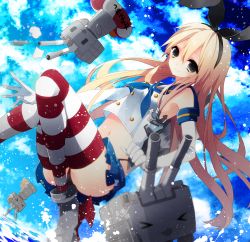 Rule 34 | 10s, 1girl, anchor hair ornament, bad id, bad pixiv id, black eyes, blonde hair, dutch angle, elbow gloves, gloves, hair ornament, hairband, kantai collection, lifebuoy, long hair, maryrara, navel, patterned legwear, rensouhou-chan, school uniform, serafuku, shimakaze (kancolle), sky, smile, striped clothes, striped thighhighs, swim ring, thighhighs, translation request, two-tone stripes, white gloves