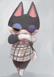 Rule 34 | 1boy, animal crossing, animal ears, animal feet, animal hands, barefoot, black eyes, black fur, blood, blood on face, body fur, boke-chan, bottomless, bruise, bruised eye, cat boy, cat ears, cat tail, colored sclera, full body, furry, furry male, grey background, half-closed eye, hand up, injury, legs together, male focus, nintendo, one eye closed, plaid, plaid shirt, punchy (animal crossing), shirt, simple background, sketch, sleeveless, sleeveless shirt, solo, standing, tail, two-tone fur, whiskers, white fur, wiping mouth, yellow sclera