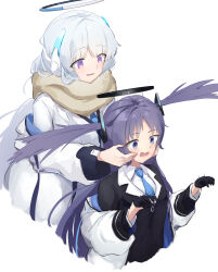Rule 34 | 2girls, black gloves, black vest, blue archive, blue eyes, blue hair, blue necktie, blush, brown scarf, commentary request, cropped torso, gloves, grey hair, half gloves, halo, hands on another&#039;s cheeks, hands on another&#039;s face, highres, jacket, long hair, looking at another, mechanical halo, morishin546, multiple girls, necktie, noa (blue archive), off shoulder, open mouth, purple eyes, scarf, shirt, simple background, smile, two side up, vest, white background, white jacket, white shirt, yuuka (blue archive)