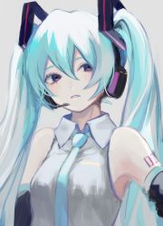 Rule 34 | 1girl, arm tattoo, black sleeves, blue eyes, blue hair, blue necktie, collared shirt, detached sleeves, grey background, grey shirt, hair between eyes, hatsune miku, headphones, headset, highres, long hair, looking at viewer, microphone, necktie, open mouth, p2 (uxjzz), shirt, simple background, sleeveless, sleeveless shirt, solo, tattoo, twintails, upper body, vocaloid, wing collar
