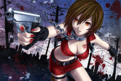 Rule 34 | 1girl, breasts, brown eyes, brown hair, chain, cleavage, collar, finger on trigger, fingerless gloves, gloves, gun, handgun, holding, holding gun, holding weapon, kirita asami, medium breasts, meiko (vocaloid), midriff, nail polish, navel, short hair, solo, vocaloid, walther, weapon