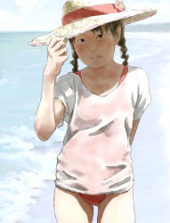 Rule 34 | 1girl, adjusting clothes, adjusting headwear, arm behind back, arm up, beach, black eyes, black hair, braid, commentary request, day, flower, hat, hat flower, looking at viewer, ocean, one-piece swimsuit, original, outdoors, red one-piece swimsuit, shirt, short sleeves, solo, standing, straw hat, sun hat, swimsuit, swimsuit under clothes, tnt (aaaazzzz), twintails, water, white shirt