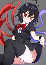 Rule 34 | 1girl, absurdres, ahoge, ass, asymmetrical wings, black dress, black hair, black thighhighs, blush, bow, bowtie, breasts, cameltoe, clothes lift, dress, dress lift, fang, fang out, frills, highres, houjuu nue, lifted by self, looking at viewer, medium breasts, nue day, panties, pantyshot, pointy ears, red bow, red bowtie, red eyes, short dress, short hair, sitting, smile, solo, thighhighs, touhou, umetya, underwear, white panties, wings
