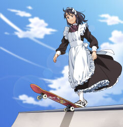 1girl apron benihana_(suzushiro333) black_hair blue_sky brown_eyes cloud highres maid maid_apron maid_headdress medium_hair original shoes skateboard skateboarding sky smile sneakers socks solo suzushiro_(suzushiro333) white_socks