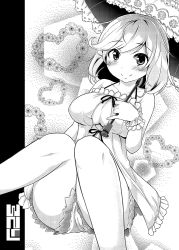 Rule 34 | 1girl, alternate costume, blush, breasts, cleavage, cleavage cutout, clothing cutout, female focus, greyscale, large breasts, looking at viewer, monochrome, roteri (roteri 69), smile, solo, tatara kogasa, touhou, umbrella