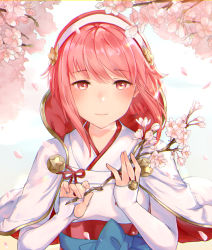 Rule 34 | 1girl, blush, branch, capelet, cherry blossoms, fire emblem, fire emblem fates, flower, hairband, haru (nakajou-28), holding, holding branch, japanese clothes, light particles, nintendo, petals, pink eyes, pink hair, portrait, sakura (fire emblem), short hair, sleeves past wrists, smile, solo, tree, upper body