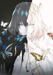 Rule 34 | 1boy, arthropod boy, black hair, blue cloak, blue eyes, bug, butterfly wings, cape, cloak, crown, diamond hairband, dual persona, elaine-didaea, fate/grand order, fate (series), fur-trimmed cape, fur-trimmed cloak, fur trim, grey hair, highres, insect, insect wings, looking at viewer, male focus, medium hair, moth, no wings, oberon (fate), oberon (third ascension) (fate), official alternate hair color, shirt, smile, solo, upper body, white cloak, white shirt, wing cape, wings